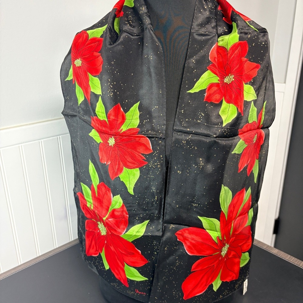 Vera Vintage Silk Scarf Black Red Poinsettia Floral Christmas Holiday Gold Fleck